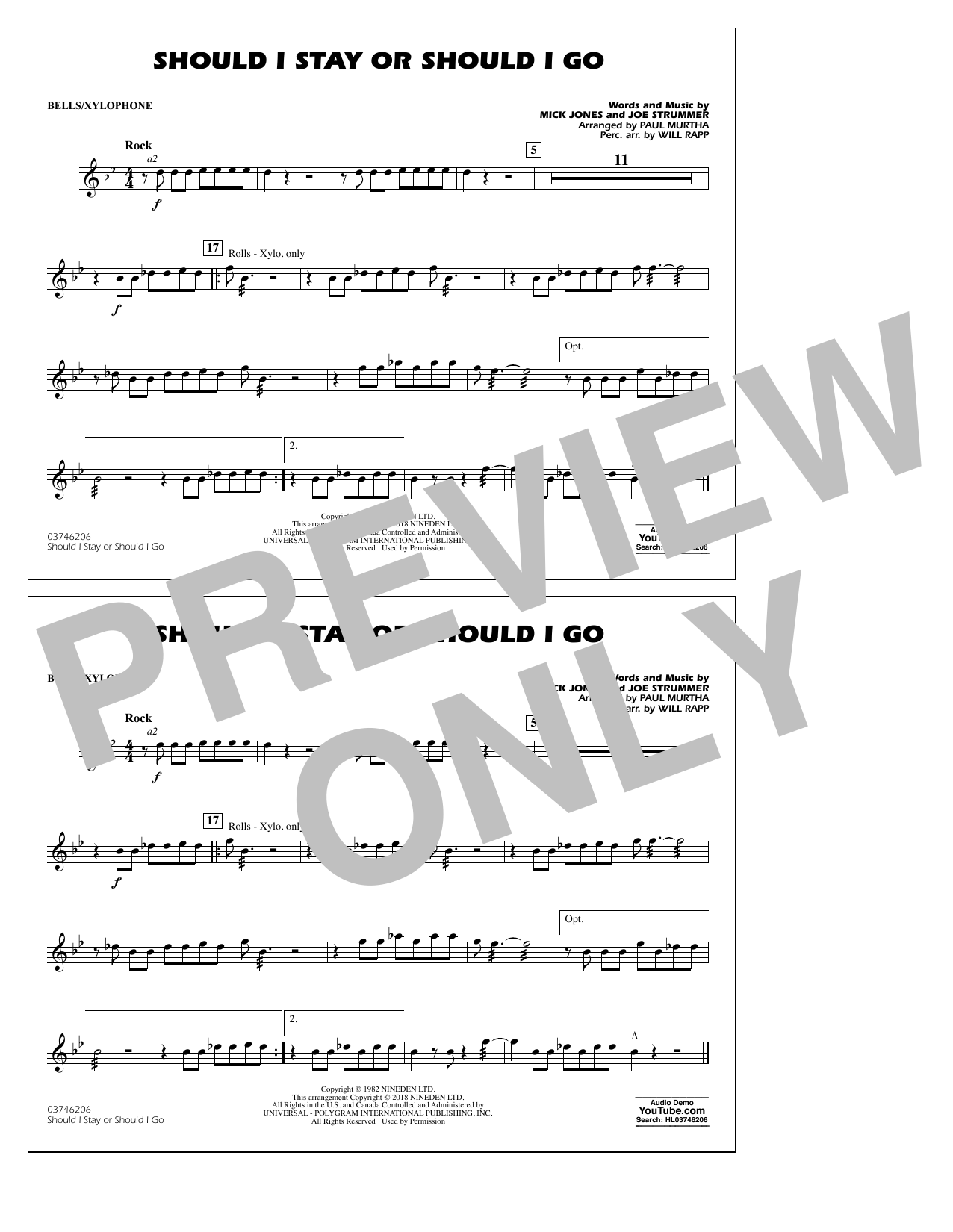 Paul Murtha Should I Stay Or Should I Go - Bells/Xylophone Sheet Music Notes & Chords for Marching Band - Download or Print PDF