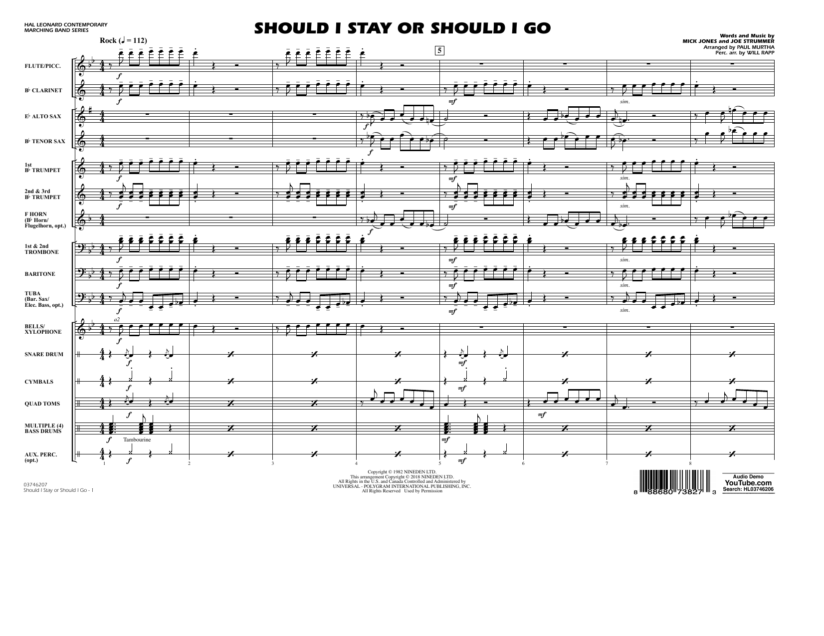 Paul Murtha Should I Stay Or Should I Go - Conductor Score (Full Score) Sheet Music Notes & Chords for Marching Band - Download or Print PDF
