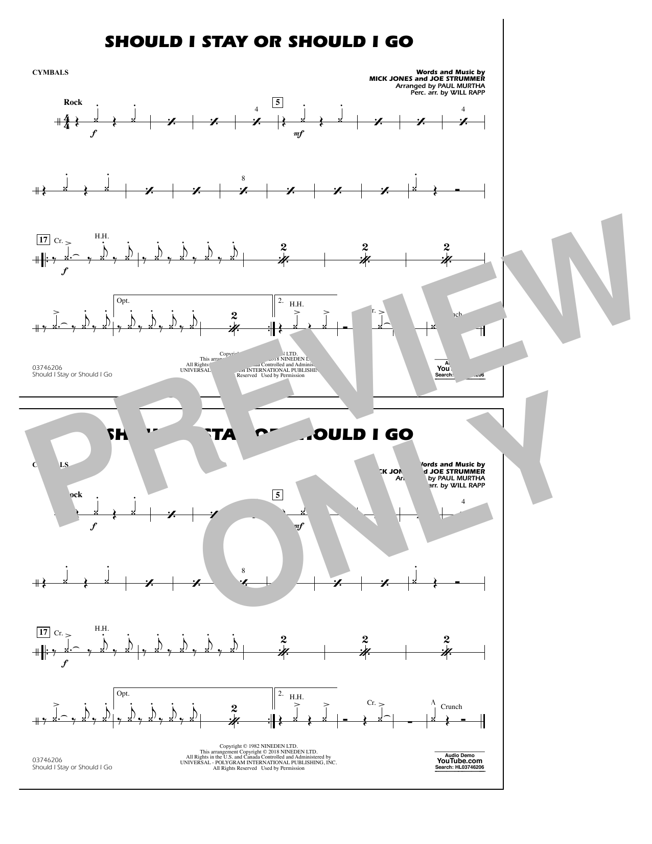 Paul Murtha Should I Stay Or Should I Go - Cymbals Sheet Music Notes & Chords for Marching Band - Download or Print PDF