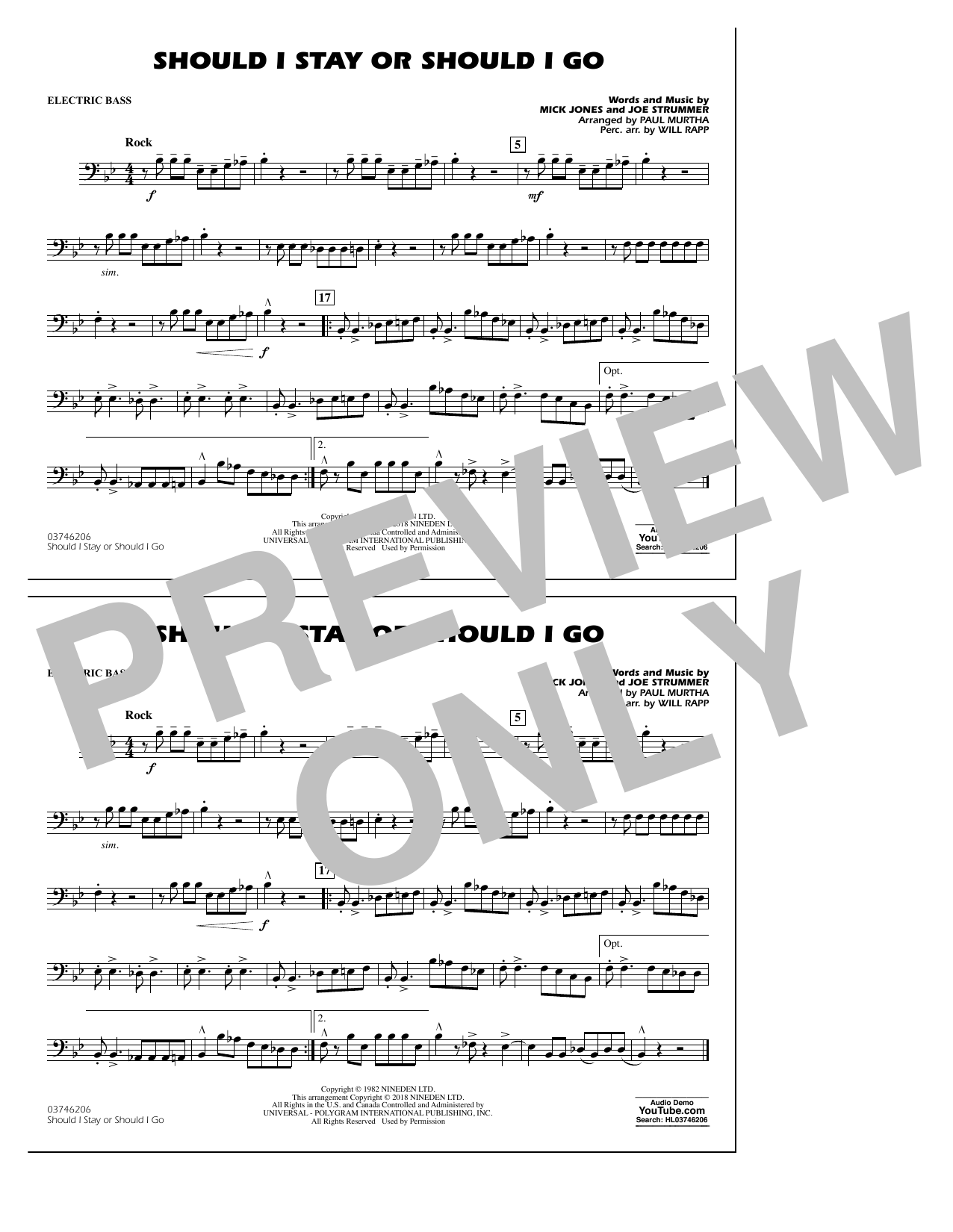 Paul Murtha Should I Stay Or Should I Go - Electric Bass Sheet Music Notes & Chords for Marching Band - Download or Print PDF