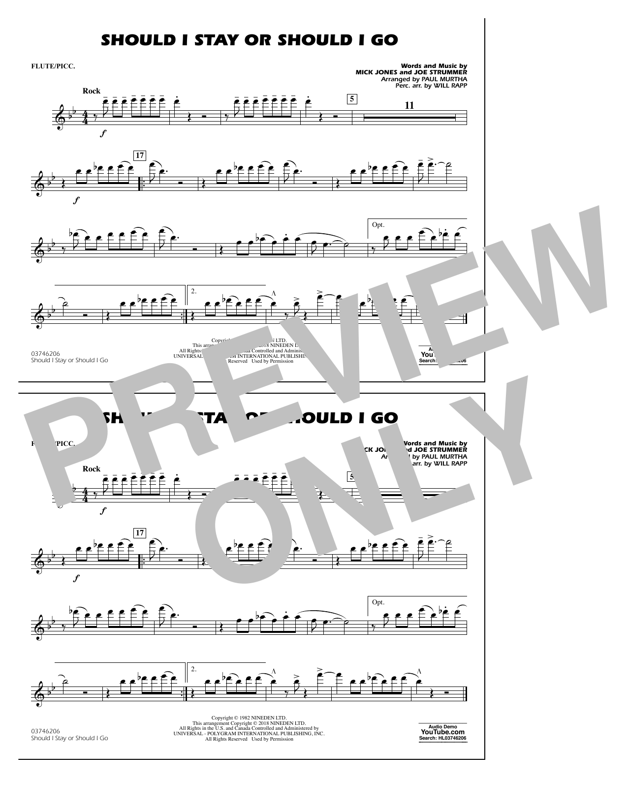 Paul Murtha Should I Stay Or Should I Go - Flute/Piccolo Sheet Music Notes & Chords for Marching Band - Download or Print PDF