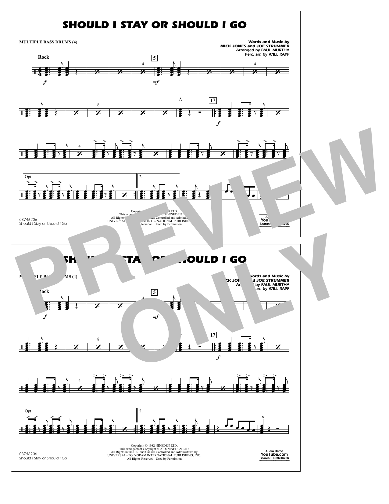 Paul Murtha Should I Stay Or Should I Go - Multiple Bass Drums Sheet Music Notes & Chords for Marching Band - Download or Print PDF
