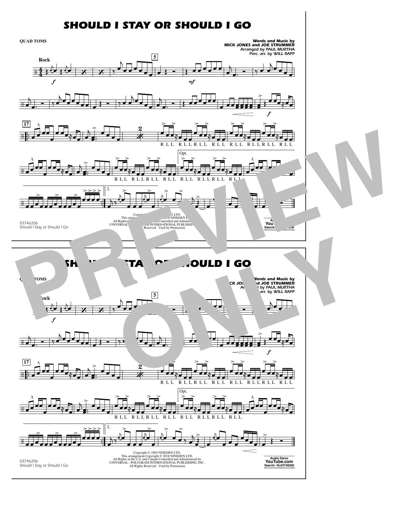 Paul Murtha Should I Stay Or Should I Go - Quad Toms Sheet Music Notes & Chords for Marching Band - Download or Print PDF