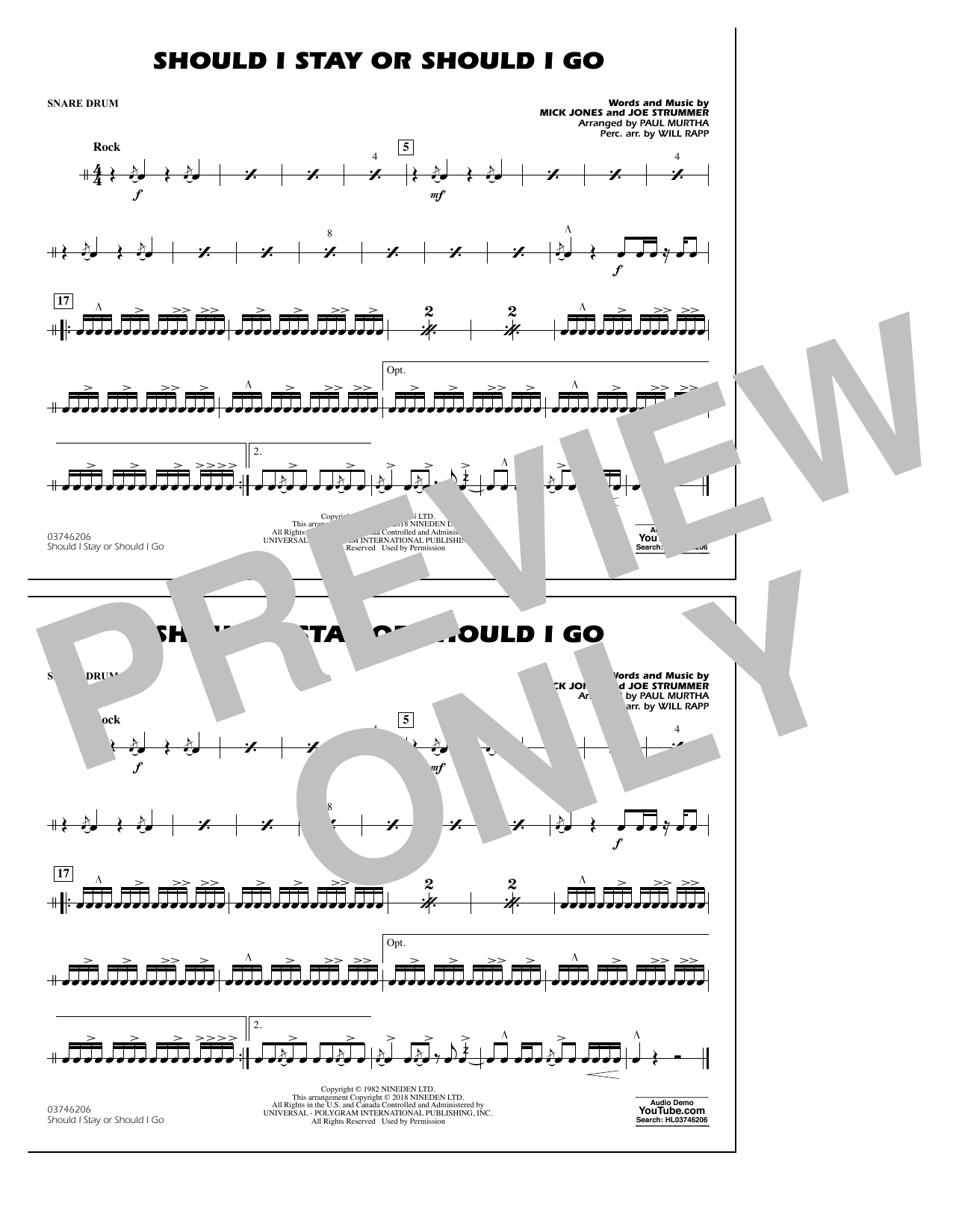 Paul Murtha Should I Stay Or Should I Go - Snare Drum Sheet Music Notes & Chords for Marching Band - Download or Print PDF