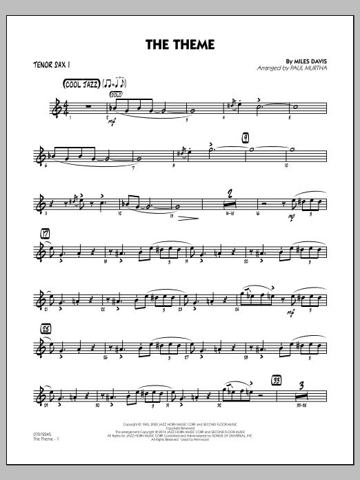 Paul Murtha The Theme - Tenor Sax 1 Sheet Music Notes & Chords for Jazz Ensemble - Download or Print PDF