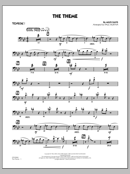 Paul Murtha The Theme - Trombone 1 Sheet Music Notes & Chords for Jazz Ensemble - Download or Print PDF