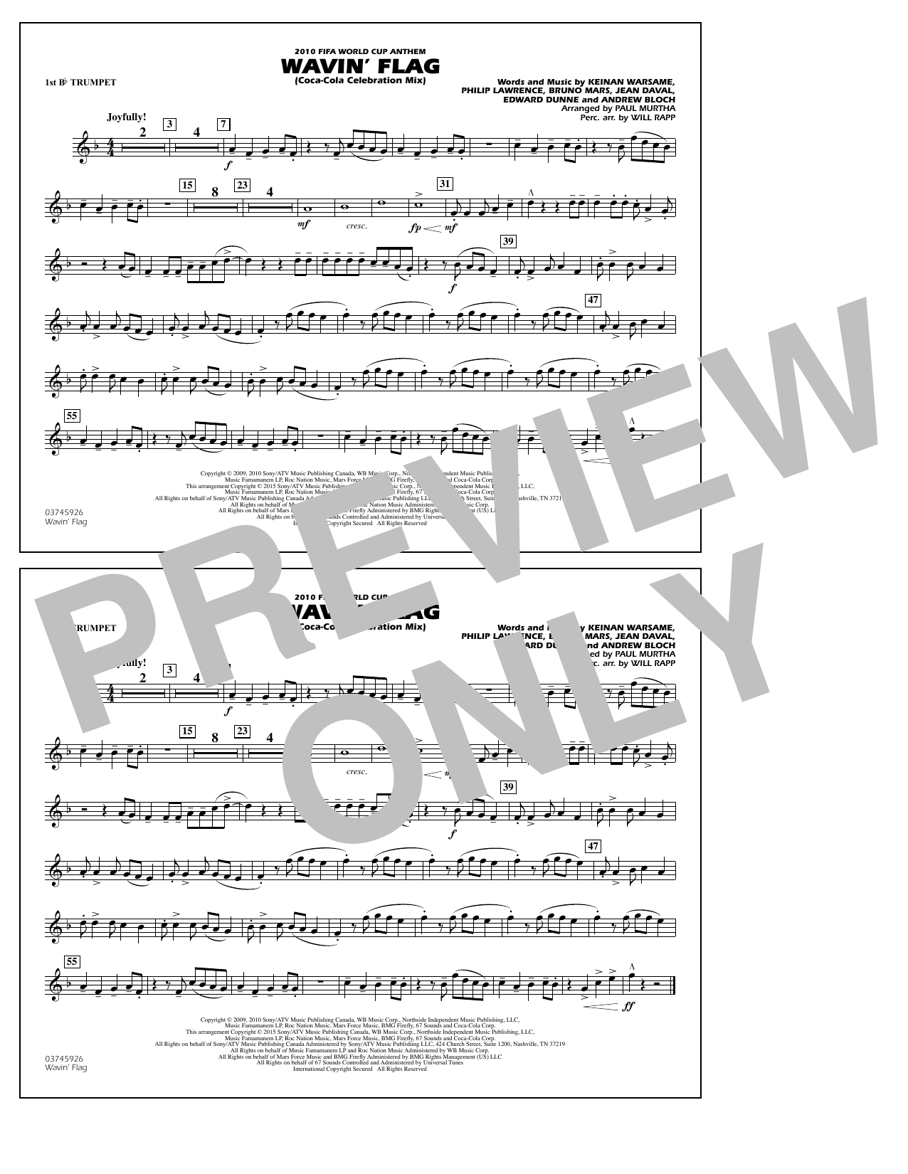 Paul Murtha Wavin' Flag - 1st Bb Trumpet Sheet Music Notes & Chords for Marching Band - Download or Print PDF