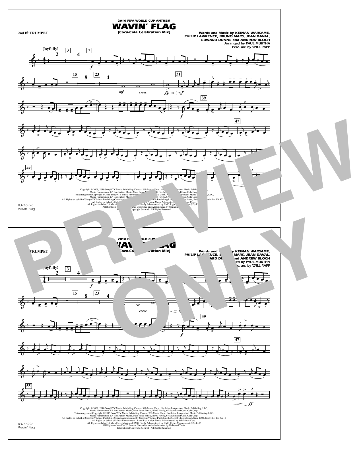 Paul Murtha Wavin' Flag - 2nd Bb Trumpet Sheet Music Notes & Chords for Marching Band - Download or Print PDF