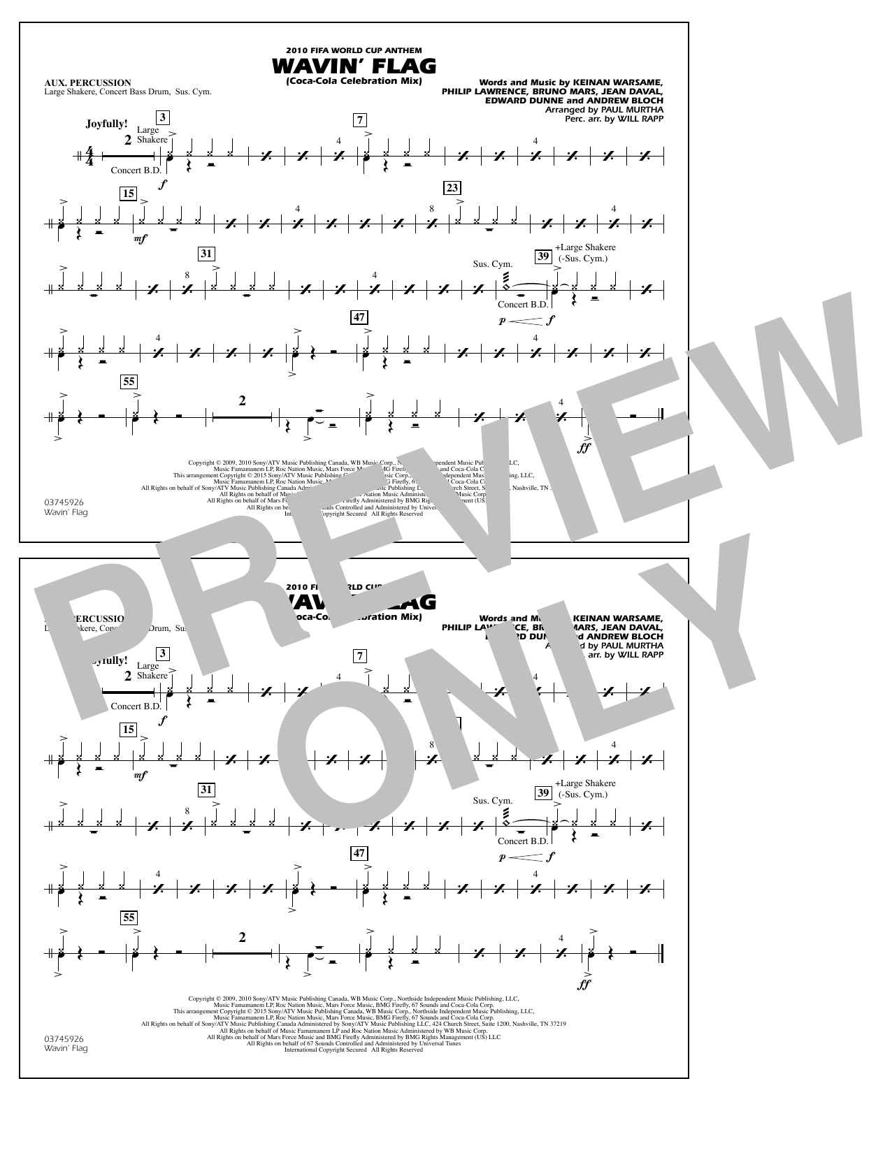 Paul Murtha Wavin' Flag - Aux Percussion Sheet Music Notes & Chords for Marching Band - Download or Print PDF