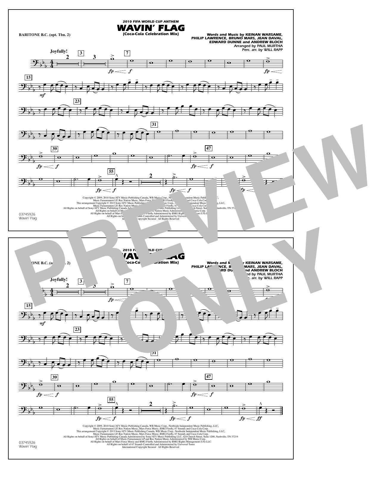 Paul Murtha Wavin' Flag - Baritone B.C. (Opt. Tbn. 2) Sheet Music Notes & Chords for Marching Band - Download or Print PDF