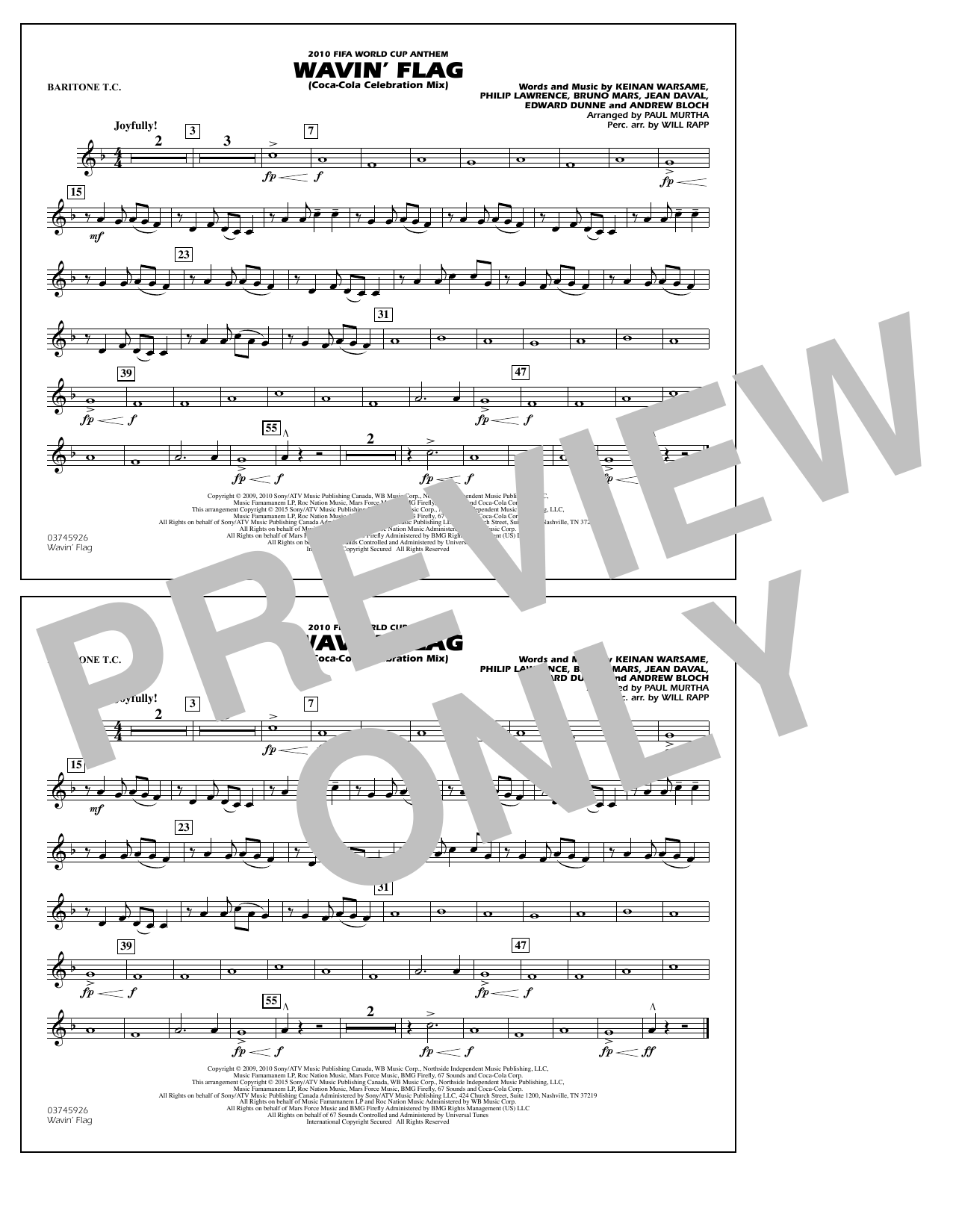 Paul Murtha Wavin' Flag - Baritone T.C. Sheet Music Notes & Chords for Marching Band - Download or Print PDF
