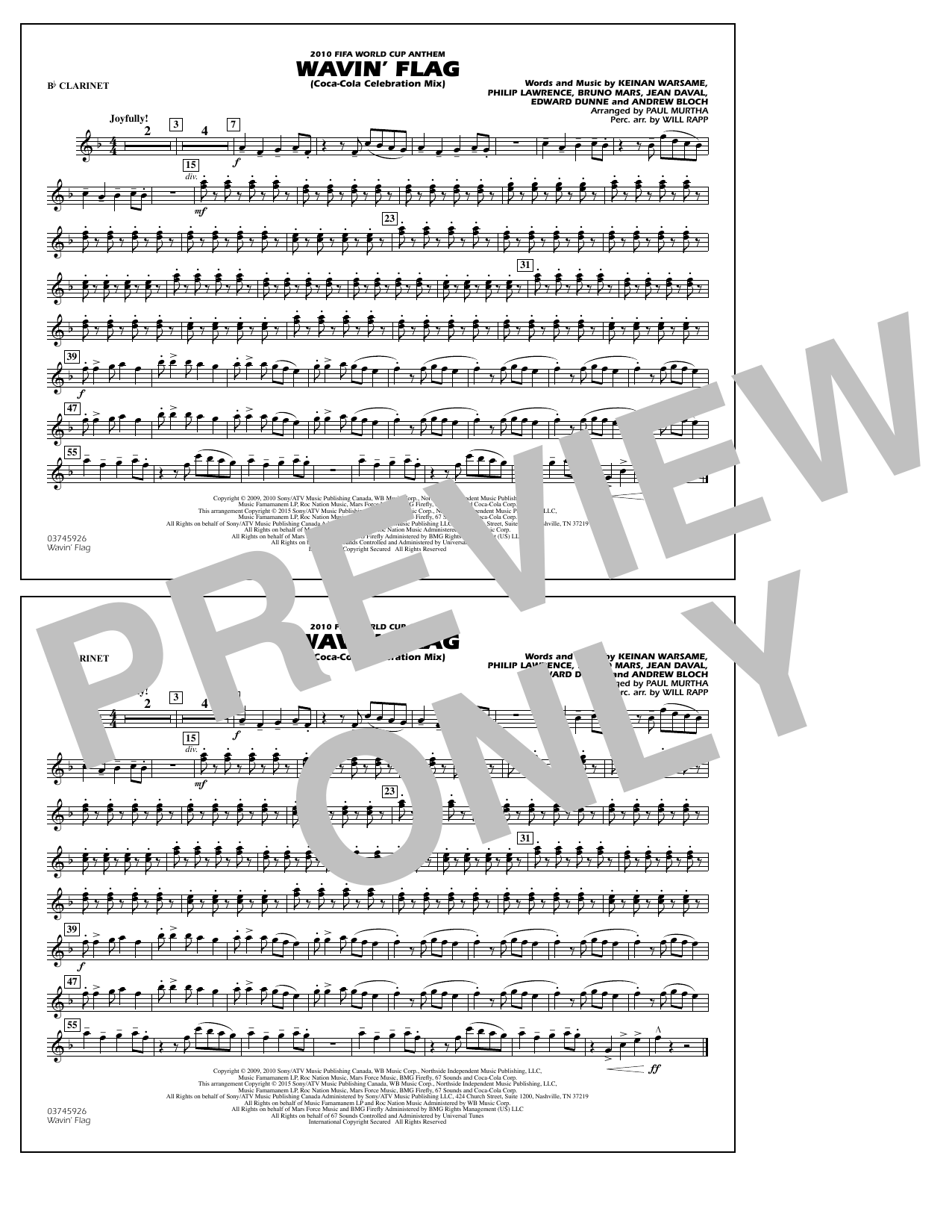 Paul Murtha Wavin' Flag - Bb Clarinet Sheet Music Notes & Chords for Marching Band - Download or Print PDF