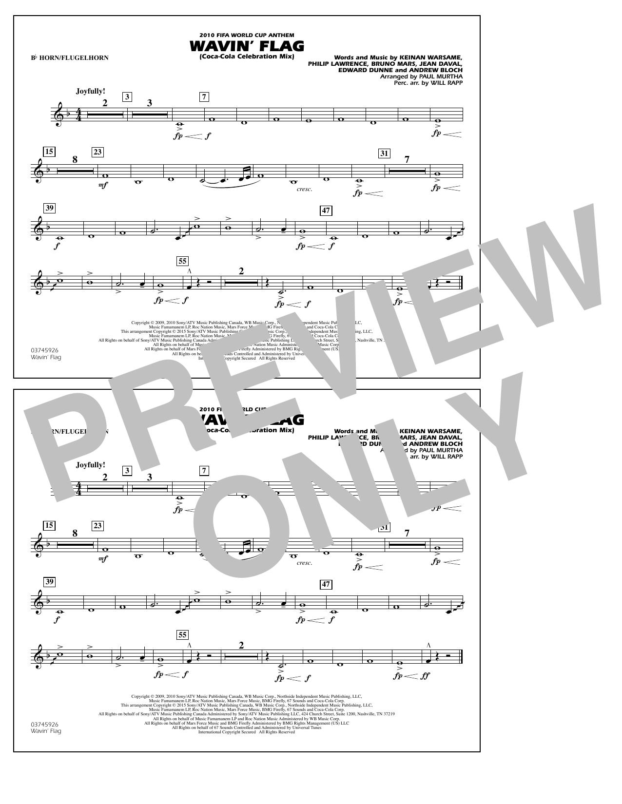 Paul Murtha Wavin' Flag - Bb Horn/Flugelhorn Sheet Music Notes & Chords for Marching Band - Download or Print PDF