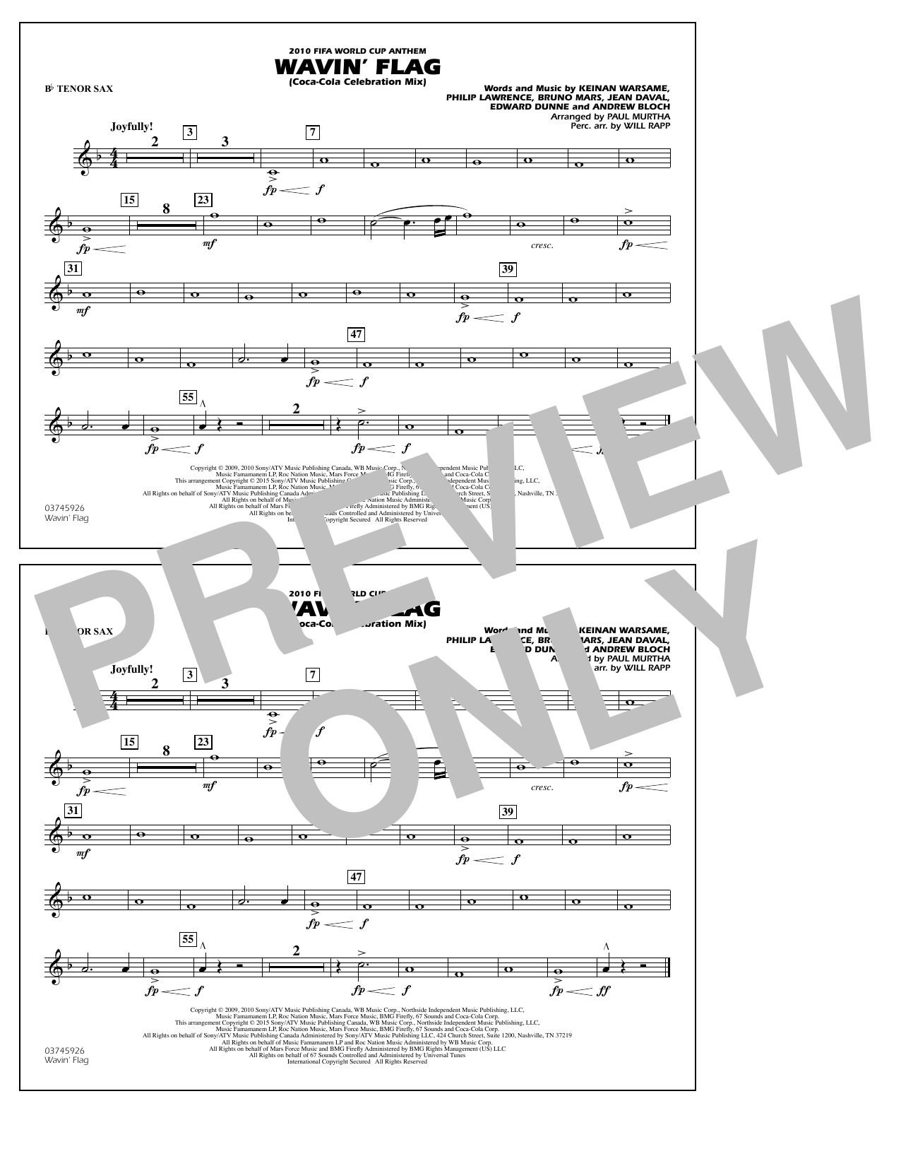 Paul Murtha Wavin' Flag - Bb Tenor Sax Sheet Music Notes & Chords for Marching Band - Download or Print PDF