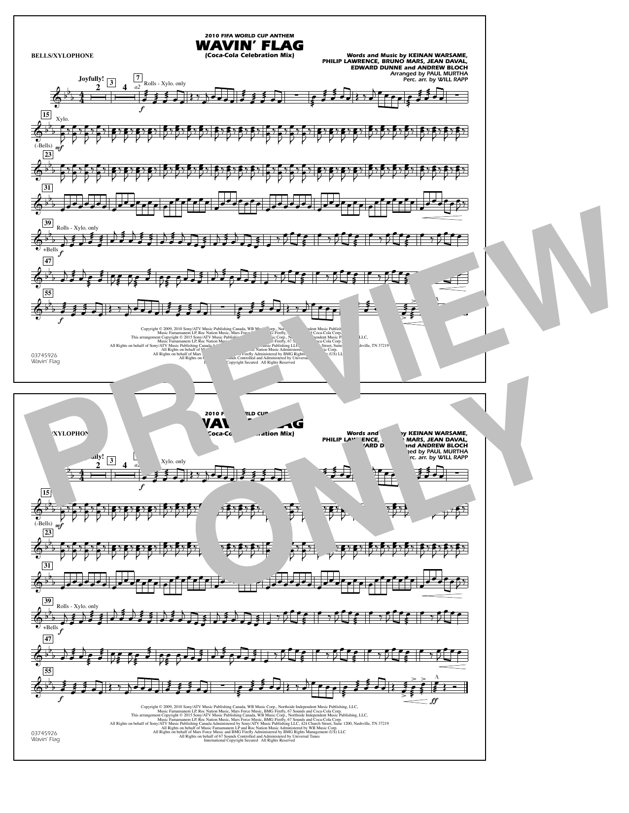 Paul Murtha Wavin' Flag - Bells/Xylophone Sheet Music Notes & Chords for Marching Band - Download or Print PDF