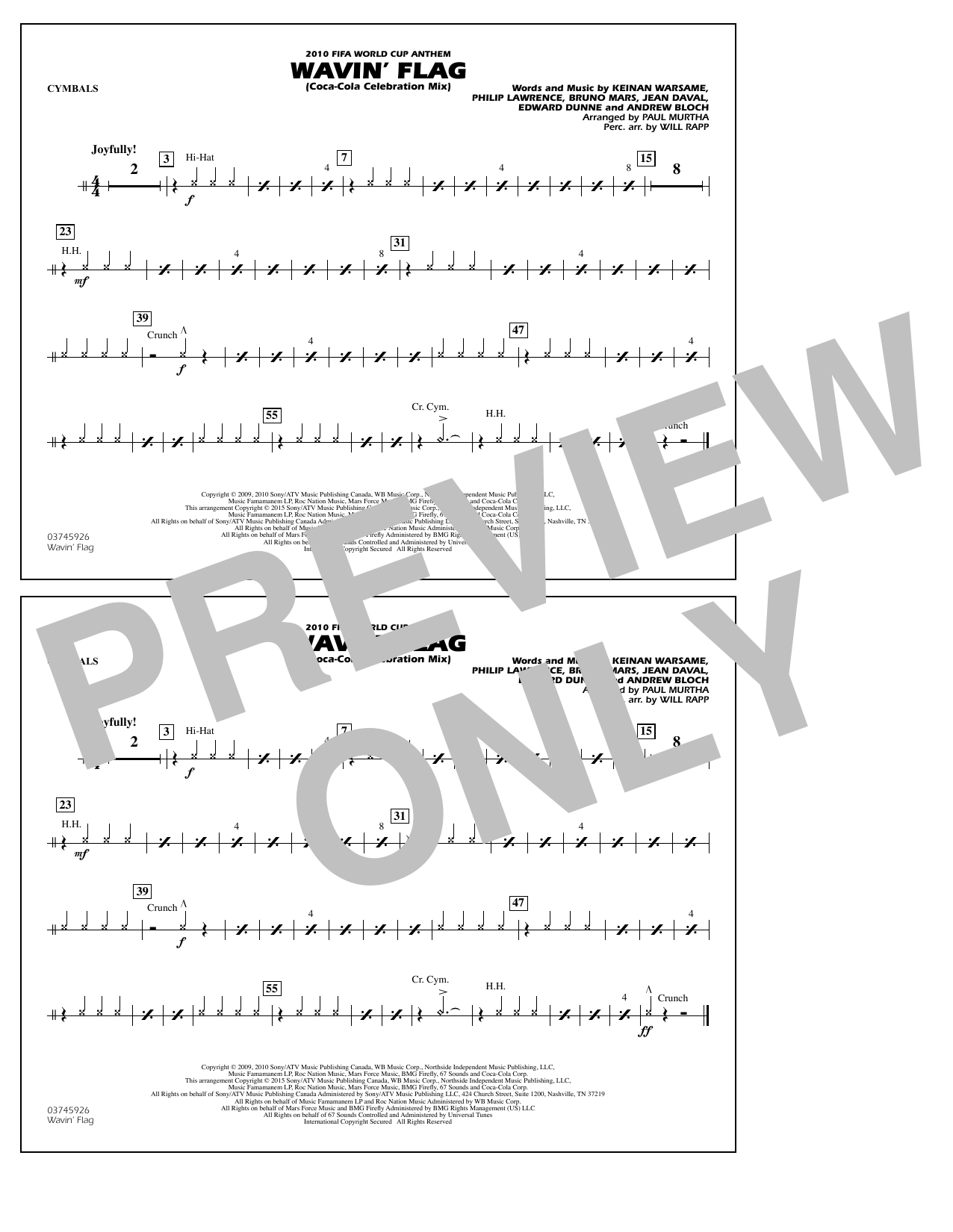 Paul Murtha Wavin' Flag - Cymbals Sheet Music Notes & Chords for Marching Band - Download or Print PDF