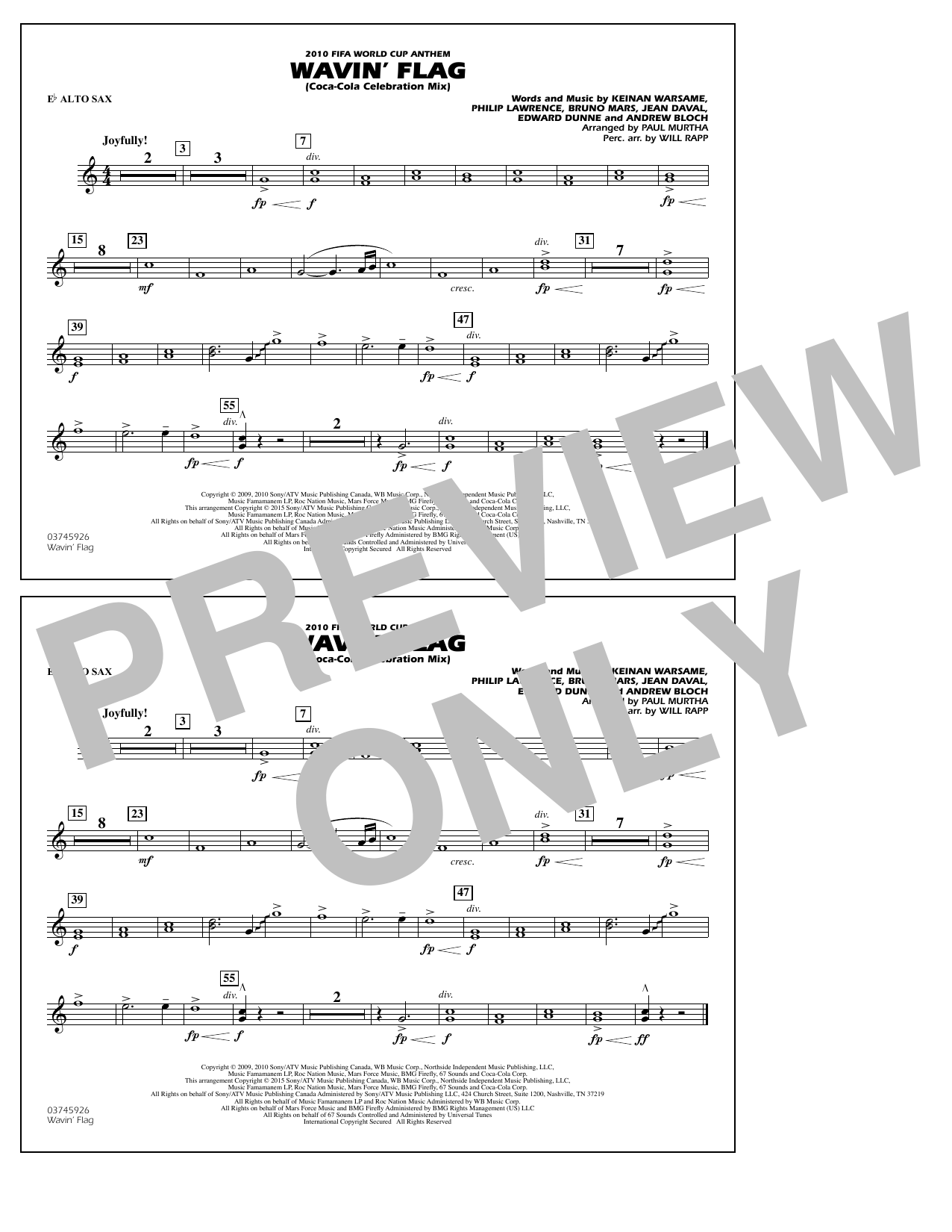 Paul Murtha Wavin' Flag - Eb Alto Sax Sheet Music Notes & Chords for Marching Band - Download or Print PDF