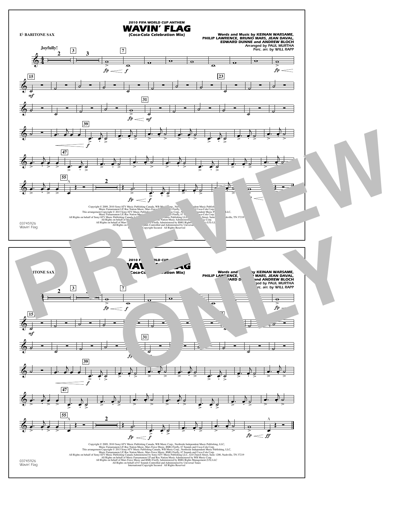 Paul Murtha Wavin' Flag - Eb Baritone Sax Sheet Music Notes & Chords for Marching Band - Download or Print PDF