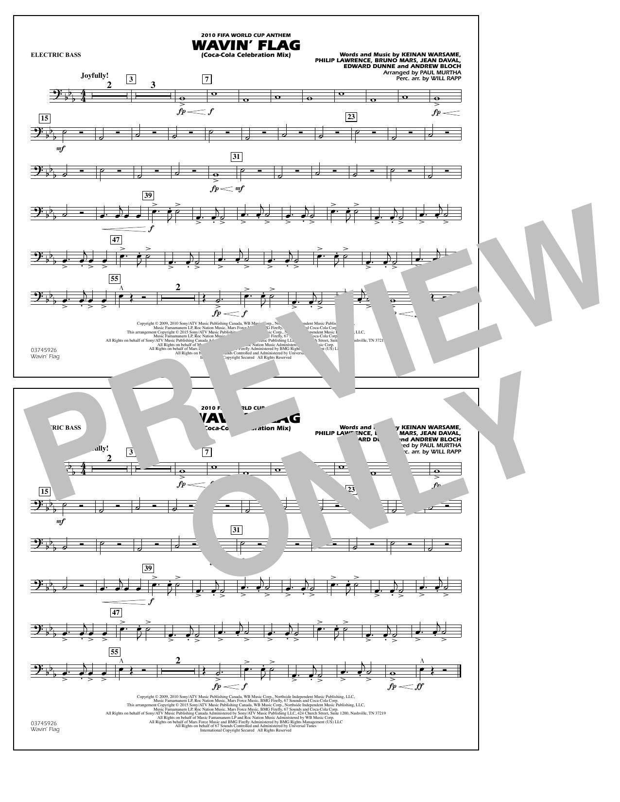Paul Murtha Wavin' Flag - Electric Bass Sheet Music Notes & Chords for Marching Band - Download or Print PDF