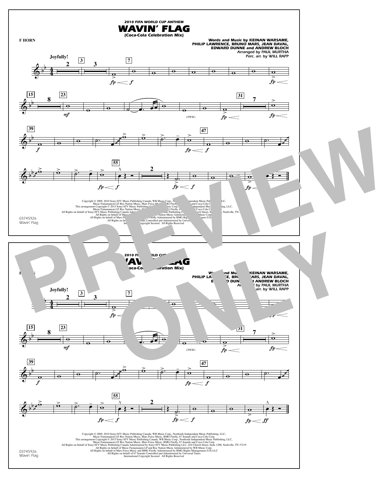Paul Murtha Wavin' Flag - F Horn Sheet Music Notes & Chords for Marching Band - Download or Print PDF