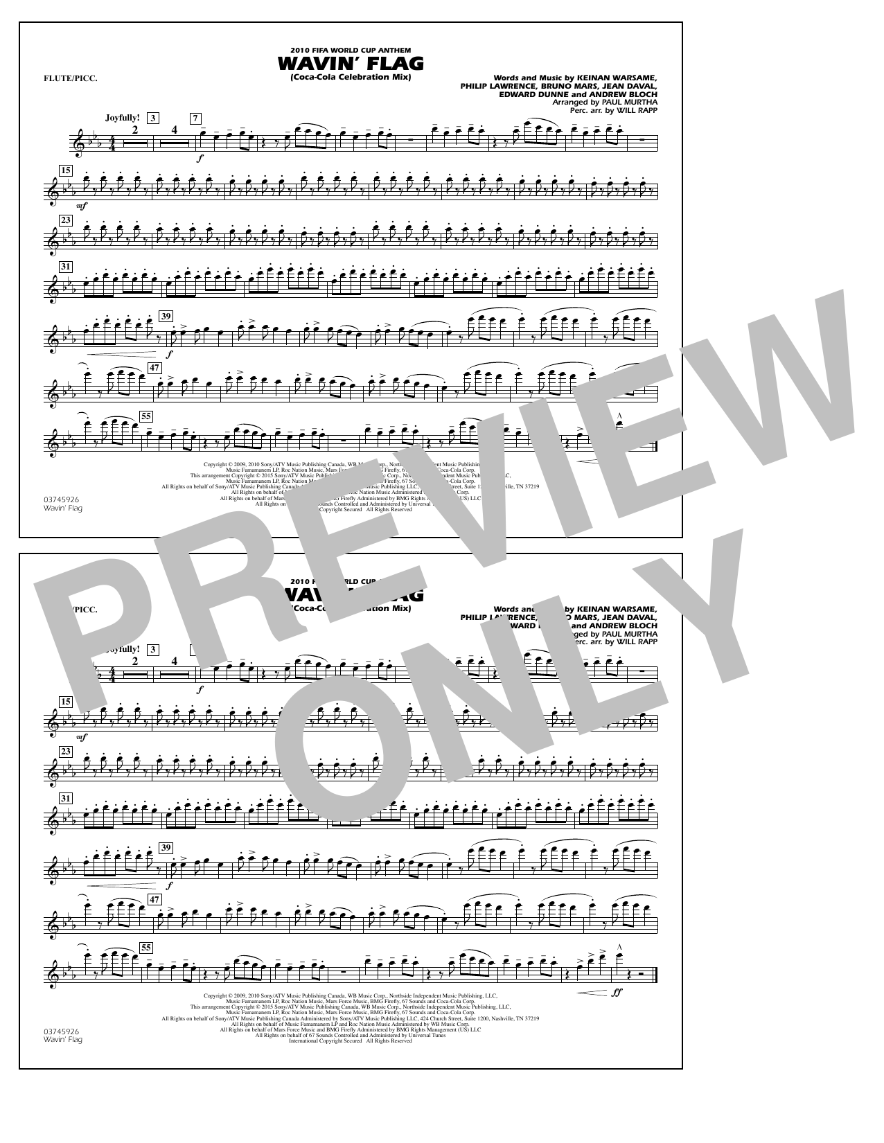 Paul Murtha Wavin' Flag - Flute/Piccolo Sheet Music Notes & Chords for Marching Band - Download or Print PDF
