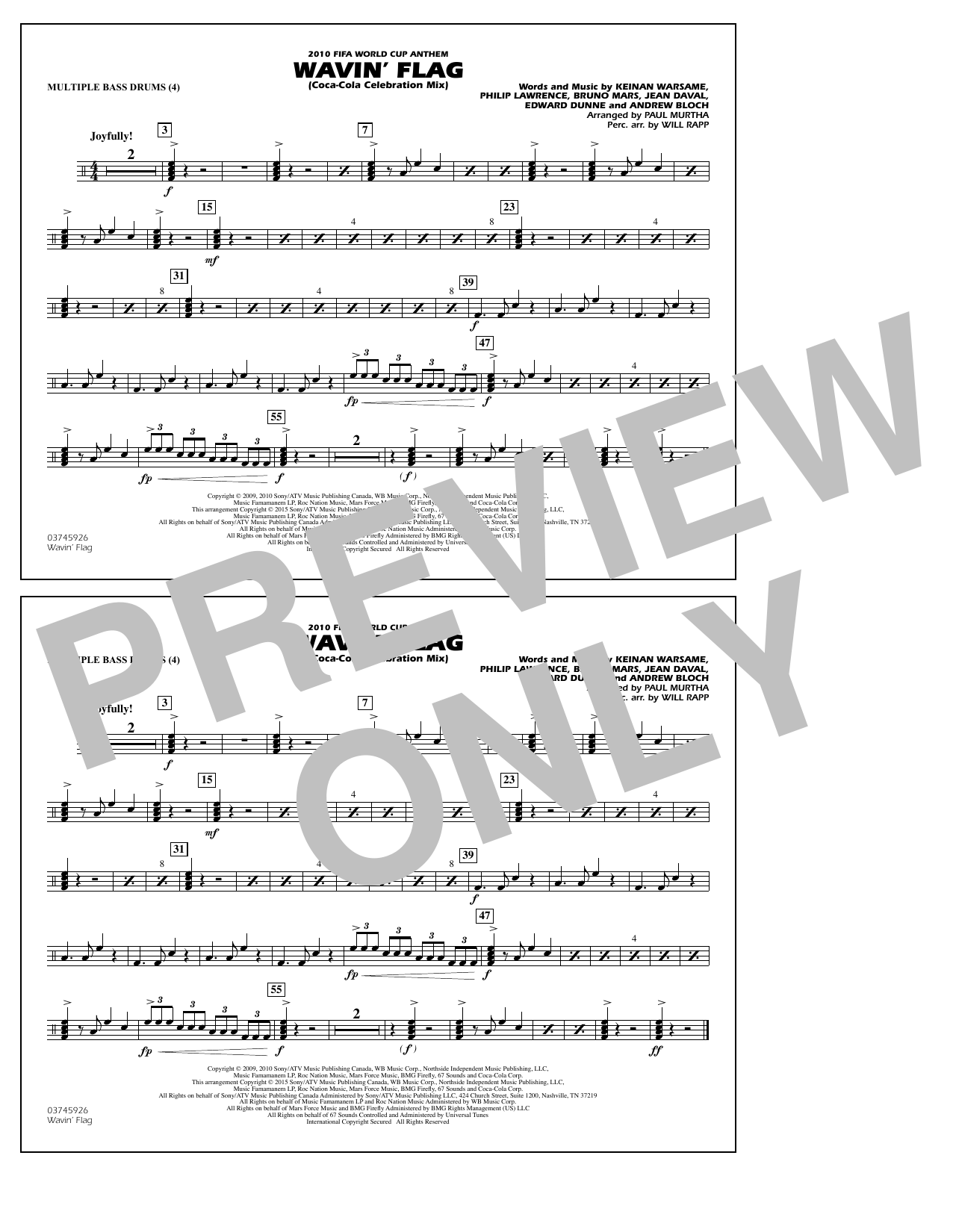 Paul Murtha Wavin' Flag - Multiple Bass Drums Sheet Music Notes & Chords for Marching Band - Download or Print PDF