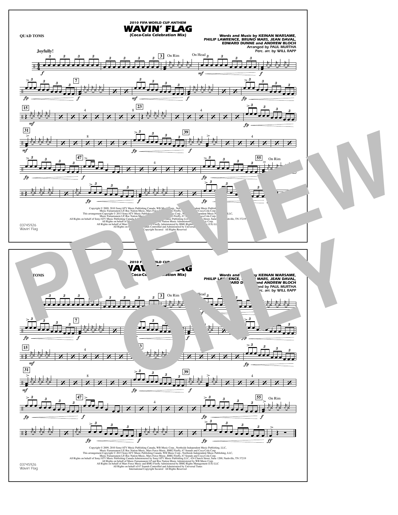 Paul Murtha Wavin' Flag - Quad Toms Sheet Music Notes & Chords for Marching Band - Download or Print PDF