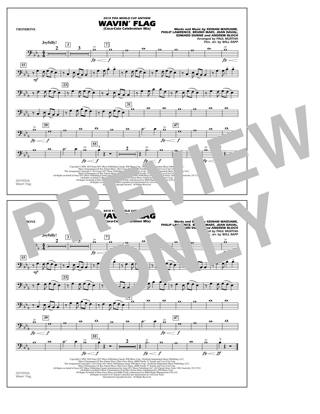 Paul Murtha Wavin' Flag - Trombone Sheet Music Notes & Chords for Marching Band - Download or Print PDF