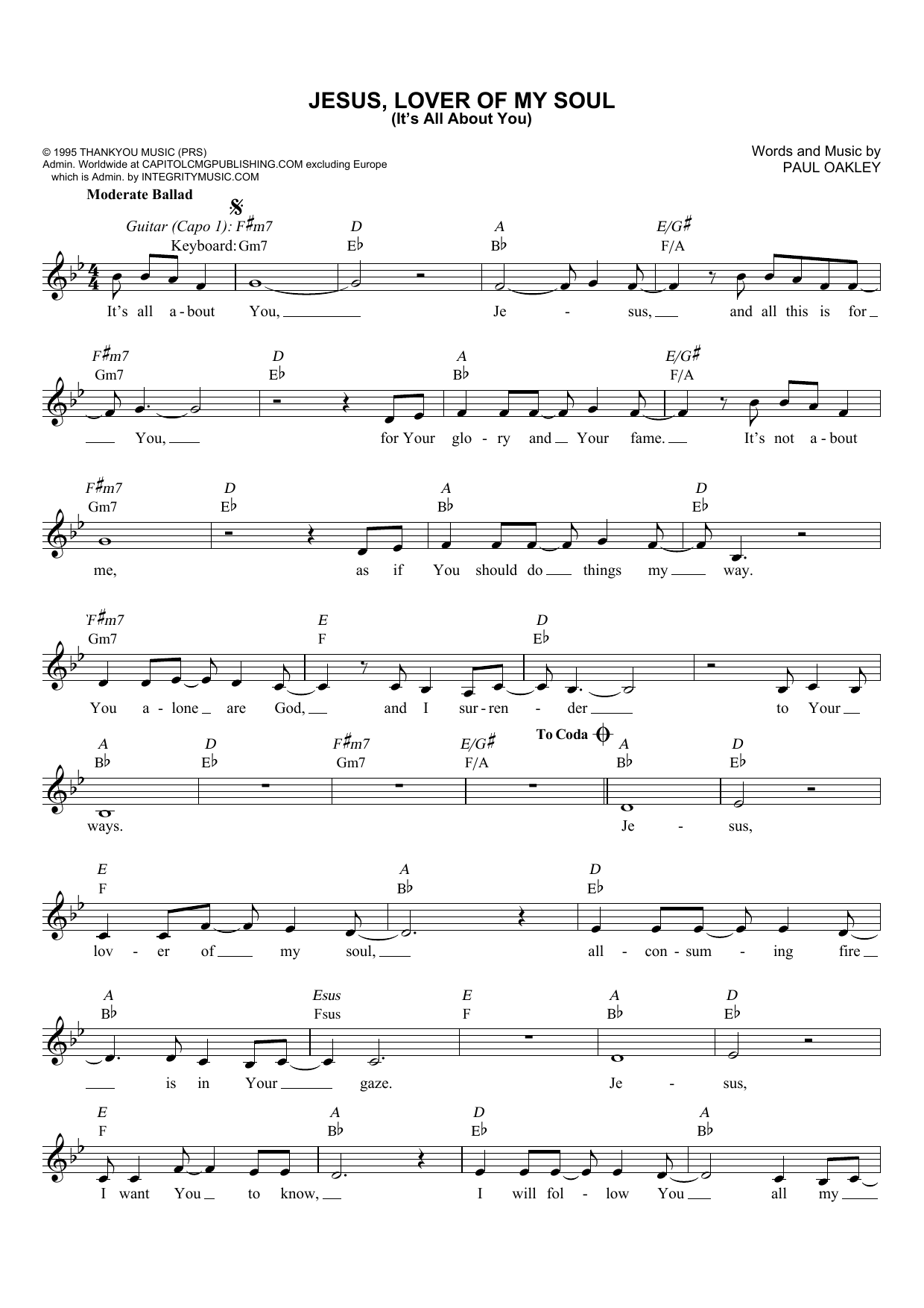 Paul Oakley Jesus, Lover Of My Soul (It's All About You) Sheet Music Notes & Chords for Melody Line, Lyrics & Chords - Download or Print PDF