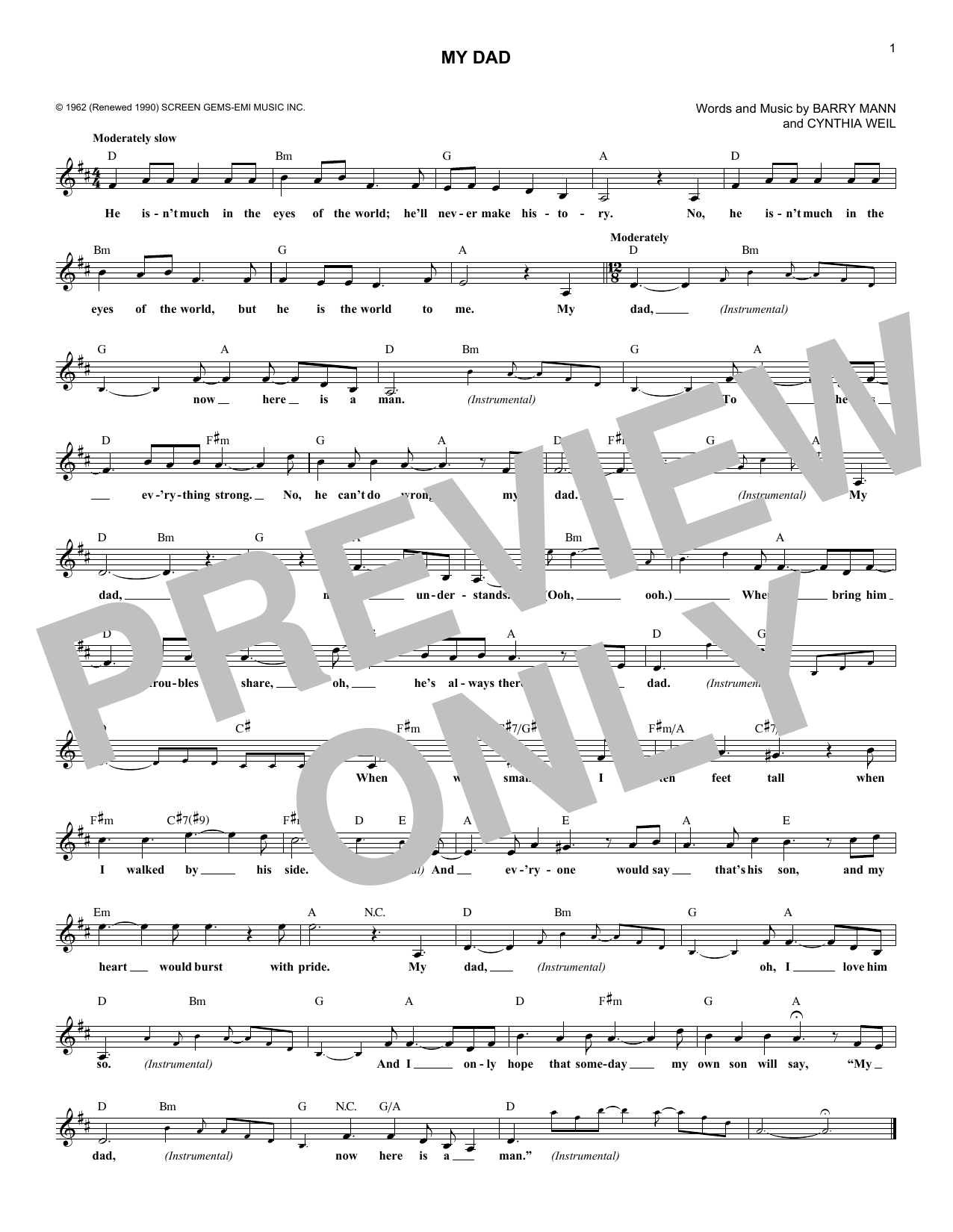 Paul Petersen My Dad Sheet Music Notes & Chords for Melody Line, Lyrics & Chords - Download or Print PDF