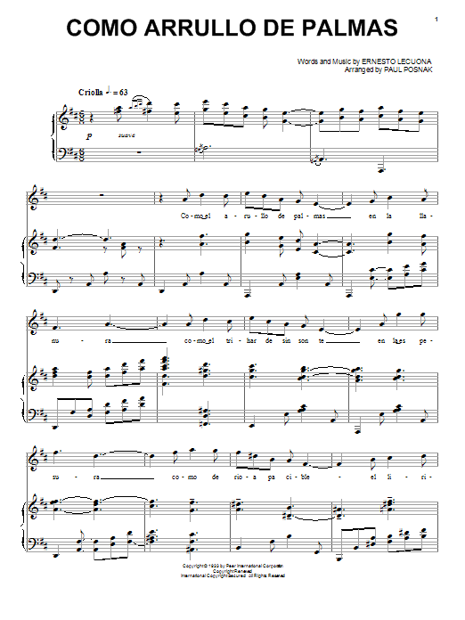 Paul Posnak Como Arrullo De Palmas Sheet Music Notes & Chords for Piano & Vocal - Download or Print PDF