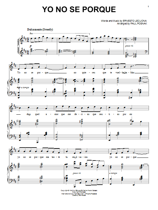 Paul Posnak Yo No Se Porque Sheet Music Notes & Chords for Piano & Vocal - Download or Print PDF