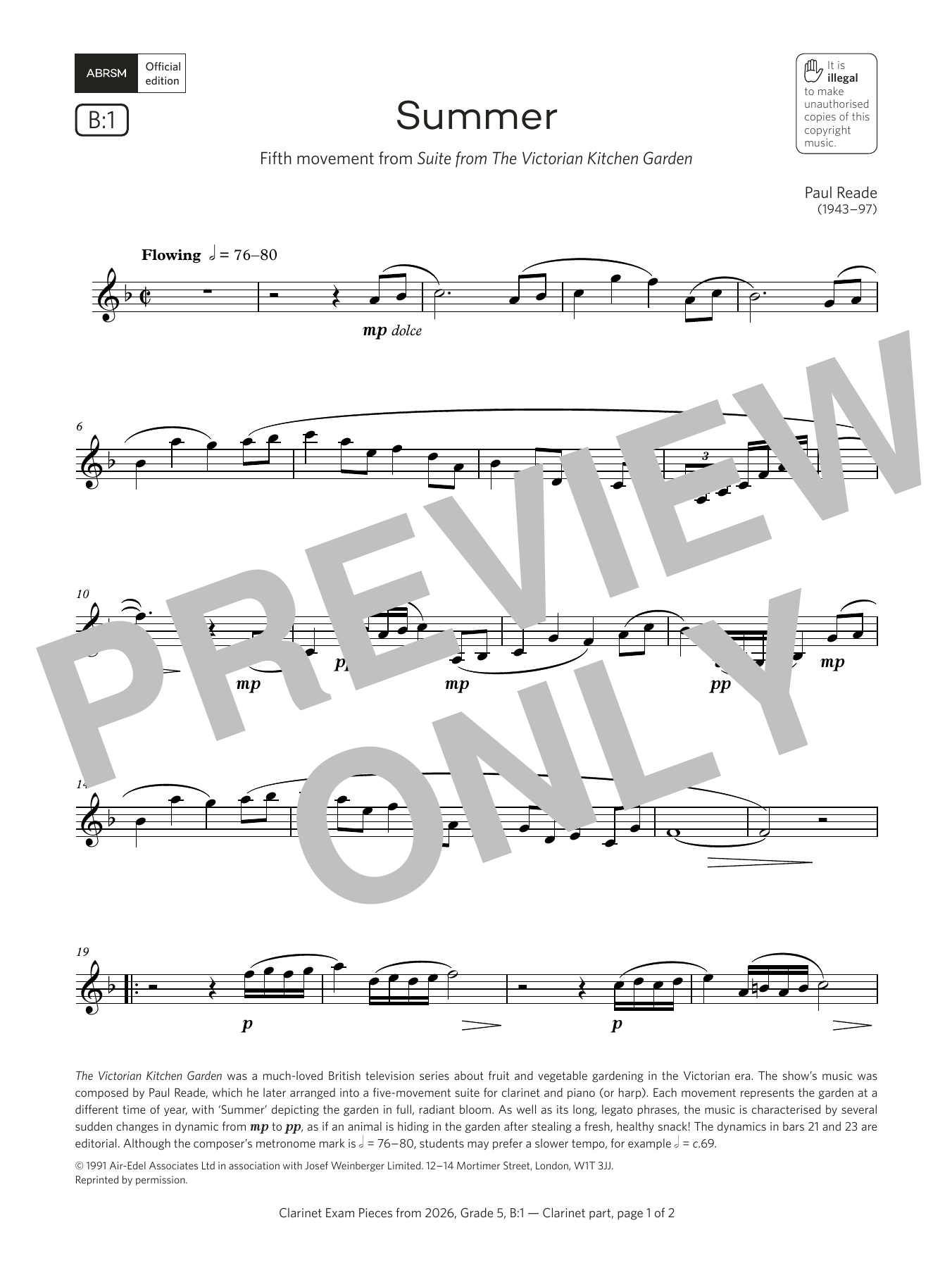 Paul Reade Summer (Grade 5, list B1, from the ABRSM Clarinet Syllabus from 2026) Sheet Music Notes & Chords for Clarinet Solo - Download or Print PDF Paul Reade Summer (Grade 5, list B1, from the ABRSM Clarinet Syllabus from 2026) Sheet Music Notes & Chords for Clarinet Solo - Download or Print PDF