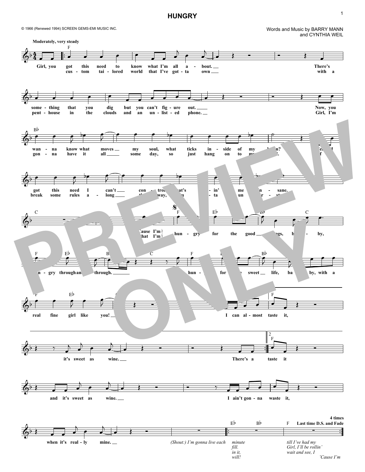 Paul Revere & The Raiders Hungry Sheet Music Notes & Chords for Melody Line, Lyrics & Chords - Download or Print PDF