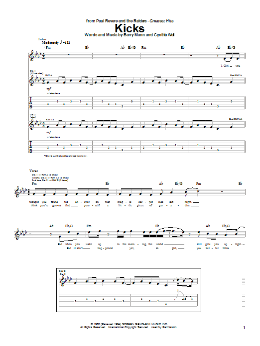 Paul Revere & The Raiders Kicks Sheet Music Notes & Chords for Guitar Tab - Download or Print PDF