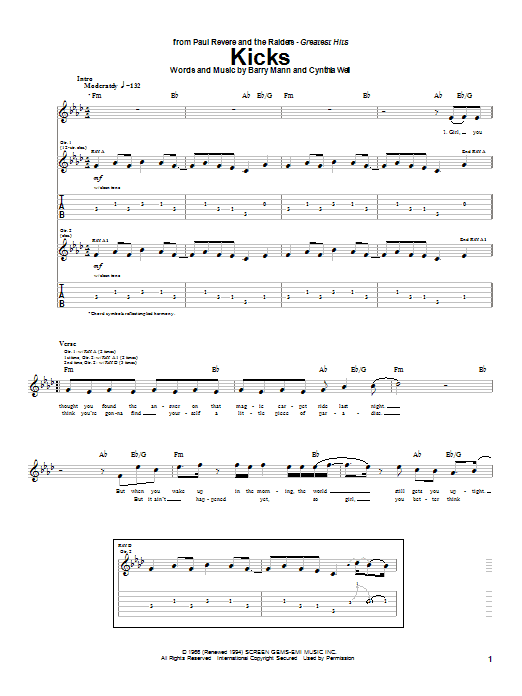 Paul Revere & The Raiders Kicks Sheet Music Notes & Chords for Guitar Lead Sheet - Download or Print PDF