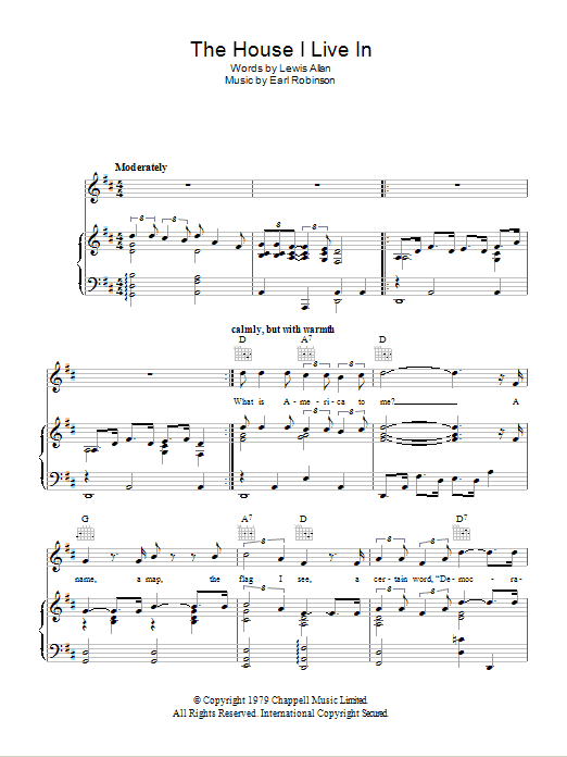 Paul Robeson The House I Live In Sheet Music Notes & Chords for Piano, Vocal & Guitar (Right-Hand Melody) - Download or Print PDF