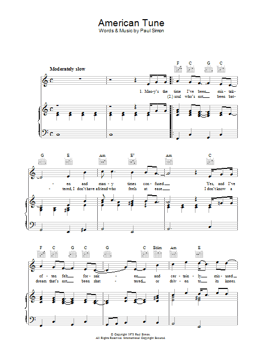 Paul Simon American Tune Sheet Music Notes & Chords for Lyrics & Chords - Download or Print PDF