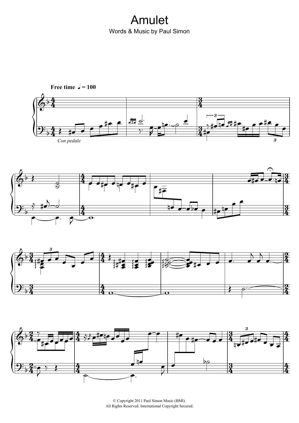 Paul Simon Amulet Sheet Music Notes & Chords for Piano - Download or Print PDF