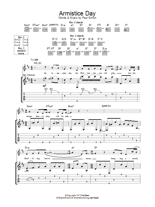 Paul Simon Armistice Day Sheet Music Notes & Chords for Guitar Tab - Download or Print PDF