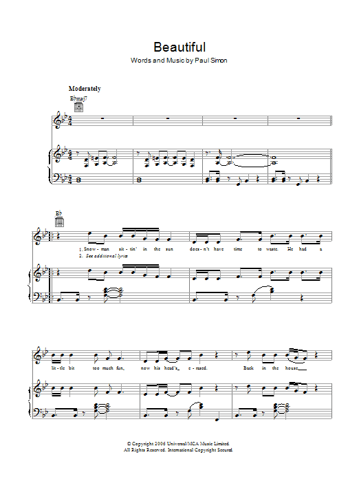 Paul Simon Beautiful Sheet Music Notes & Chords for Piano, Vocal & Guitar (Right-Hand Melody) - Download or Print PDF