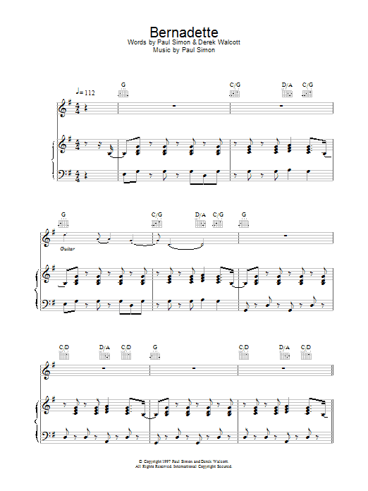 Paul Simon Bernadette Sheet Music Notes & Chords for Piano, Vocal & Guitar - Download or Print PDF