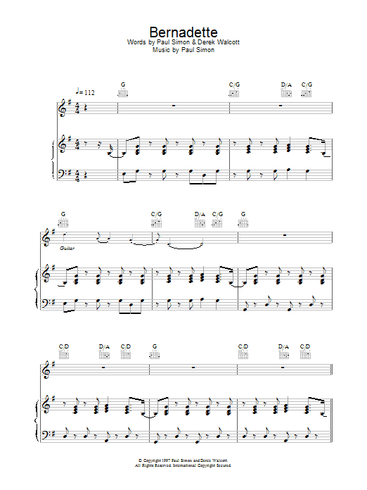 Paul Simon Bernadette Sheet Music Notes & Chords for Lyrics & Chords - Download or Print PDF