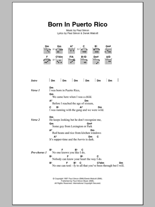 Paul Simon Born In Puerto Rico Sheet Music Notes & Chords for Lyrics & Piano Chords - Download or Print PDF