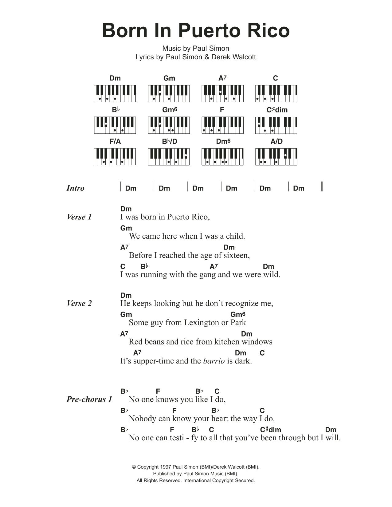 Paul Simon Born In Puerto Rico Sheet Music Notes & Chords for Lyrics & Piano Chords - Download or Print PDF