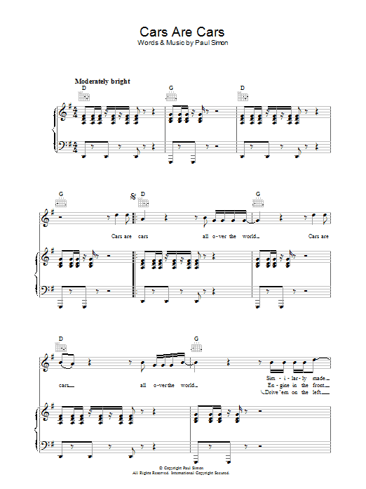 Paul Simon Cars Are Cars Sheet Music Notes & Chords for Piano, Vocal & Guitar - Download or Print PDF