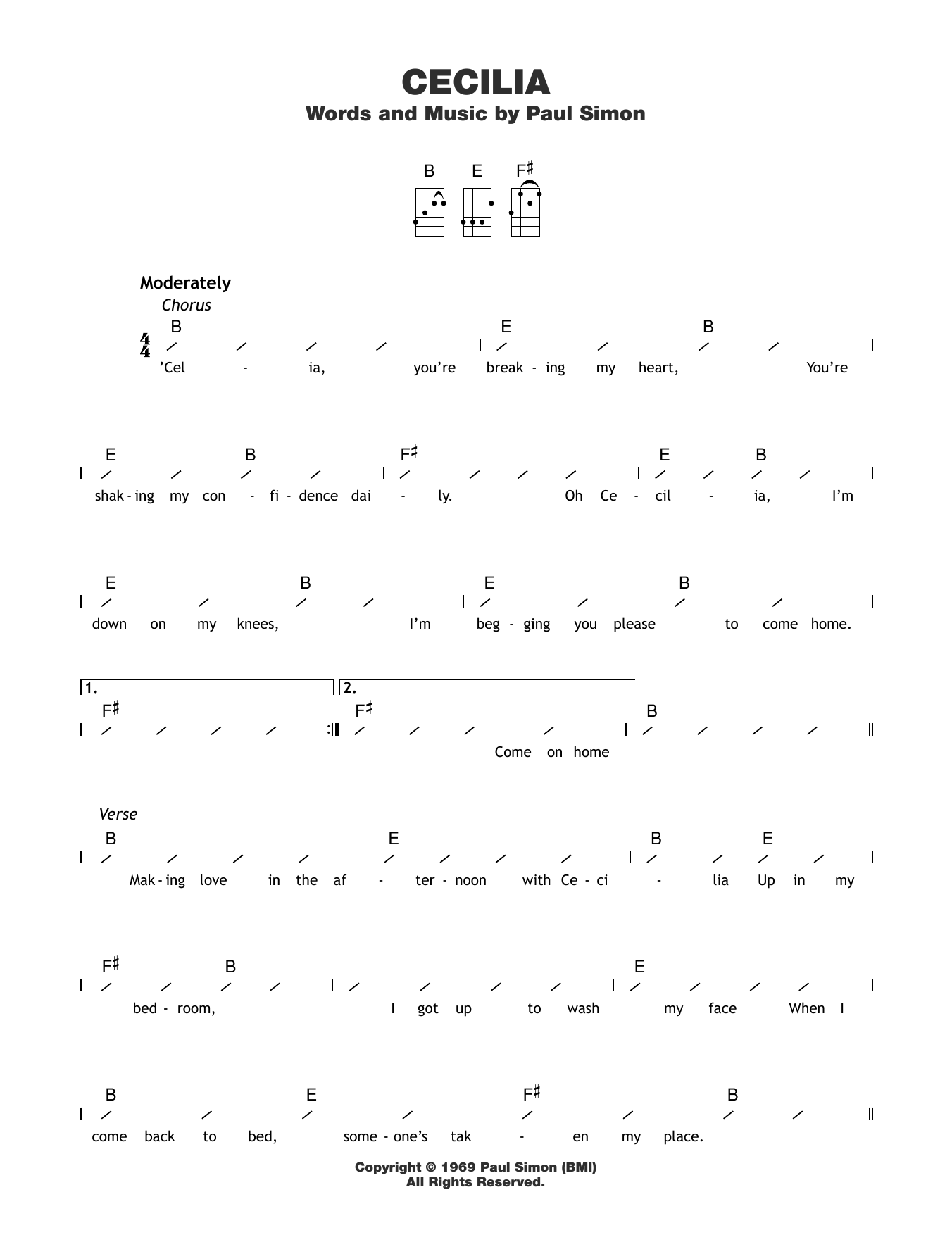 Paul Simon Cecilia Sheet Music Notes & Chords for Ukulele with strumming patterns - Download or Print PDF