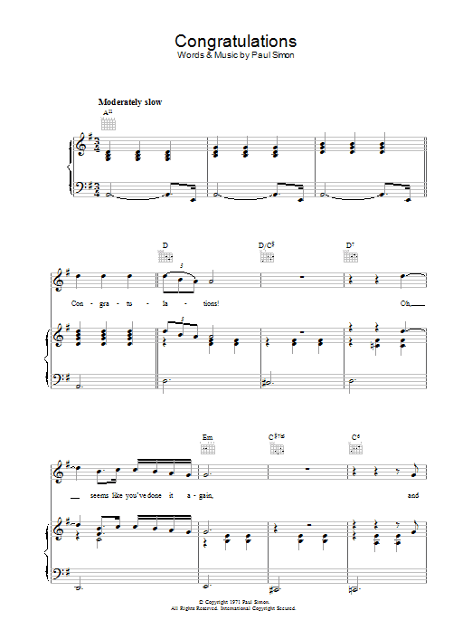 Paul Simon Congratulations Sheet Music Notes & Chords for Piano, Vocal & Guitar (Right-Hand Melody) - Download or Print PDF