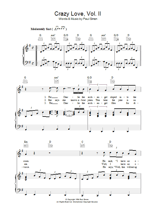 Paul Simon Crazy Love Vol. II Sheet Music Notes & Chords for Piano, Vocal & Guitar (Right-Hand Melody) - Download or Print PDF