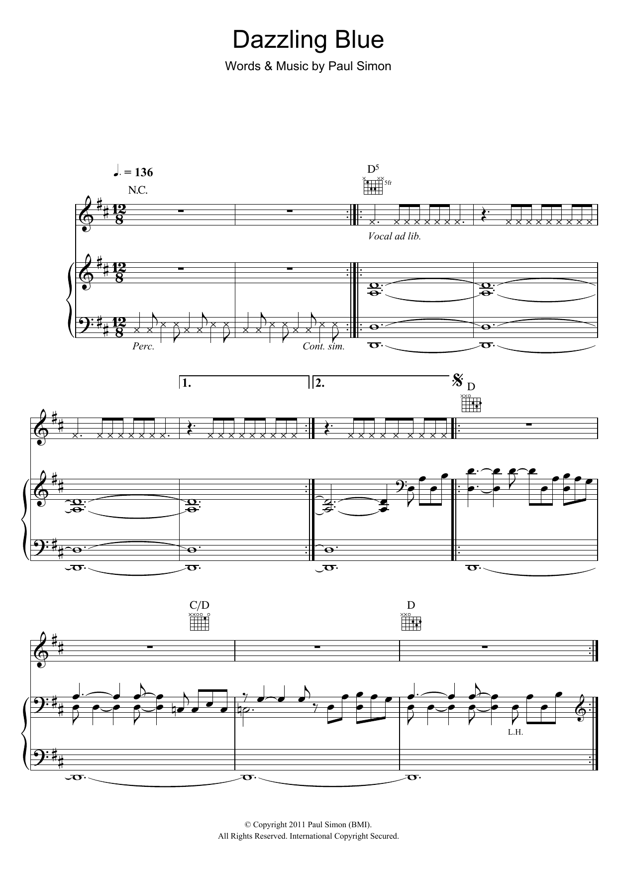 Paul Simon Dazzling Blue Sheet Music Notes & Chords for Piano, Vocal & Guitar (Right-Hand Melody) - Download or Print PDF